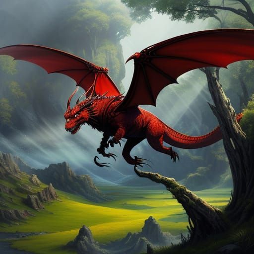 Red Dragon Soars Over Lush Green Hill in Fantasy Art