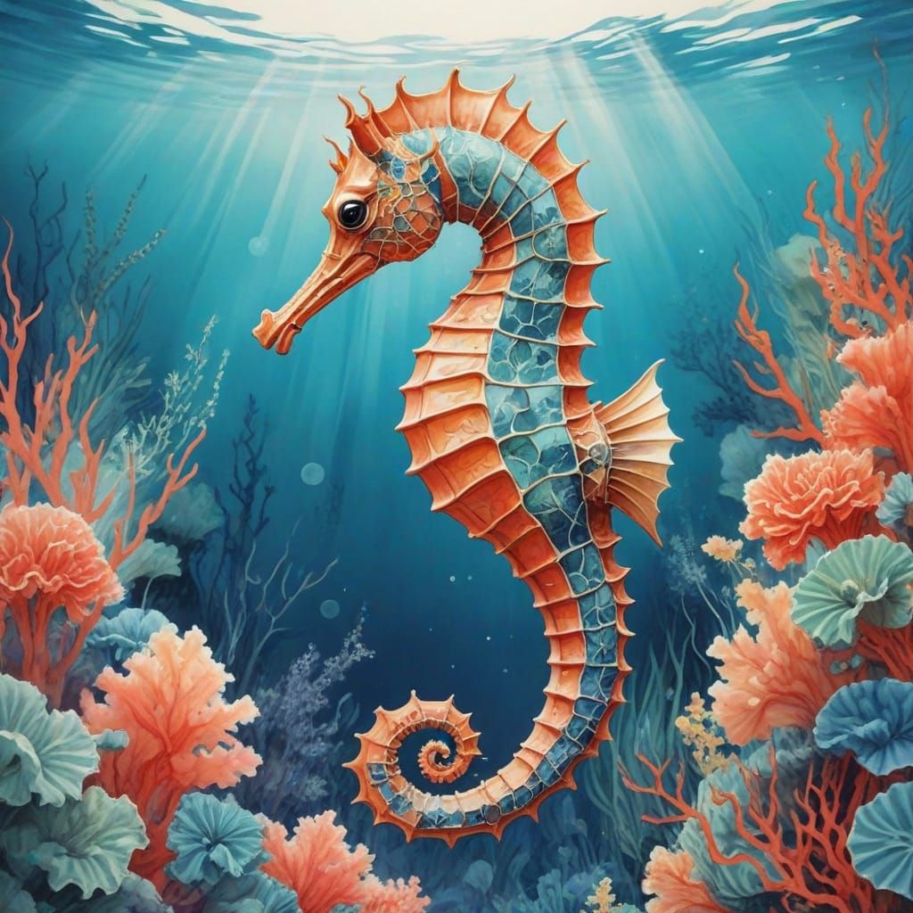 Glimmering Seahorse in a Vibrant Coral Reef Paradise