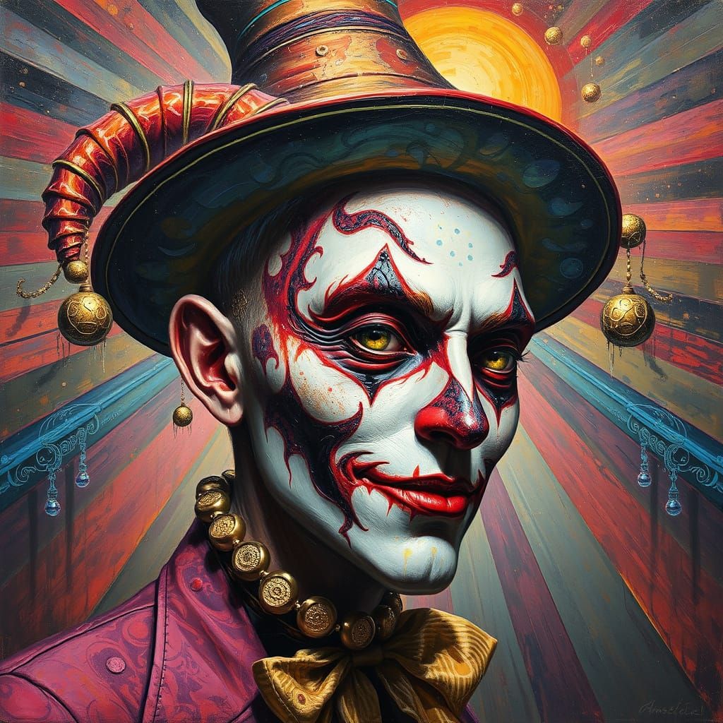 Cosmic Jester, Martian Carnival, Radiant PORTRAIT, Mixed Media, Oils, SURREAL INTRICATE, Annette Schmucker