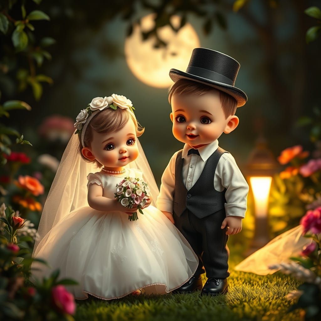 Miniature Wedding Scene in Whimsical Garden Setting