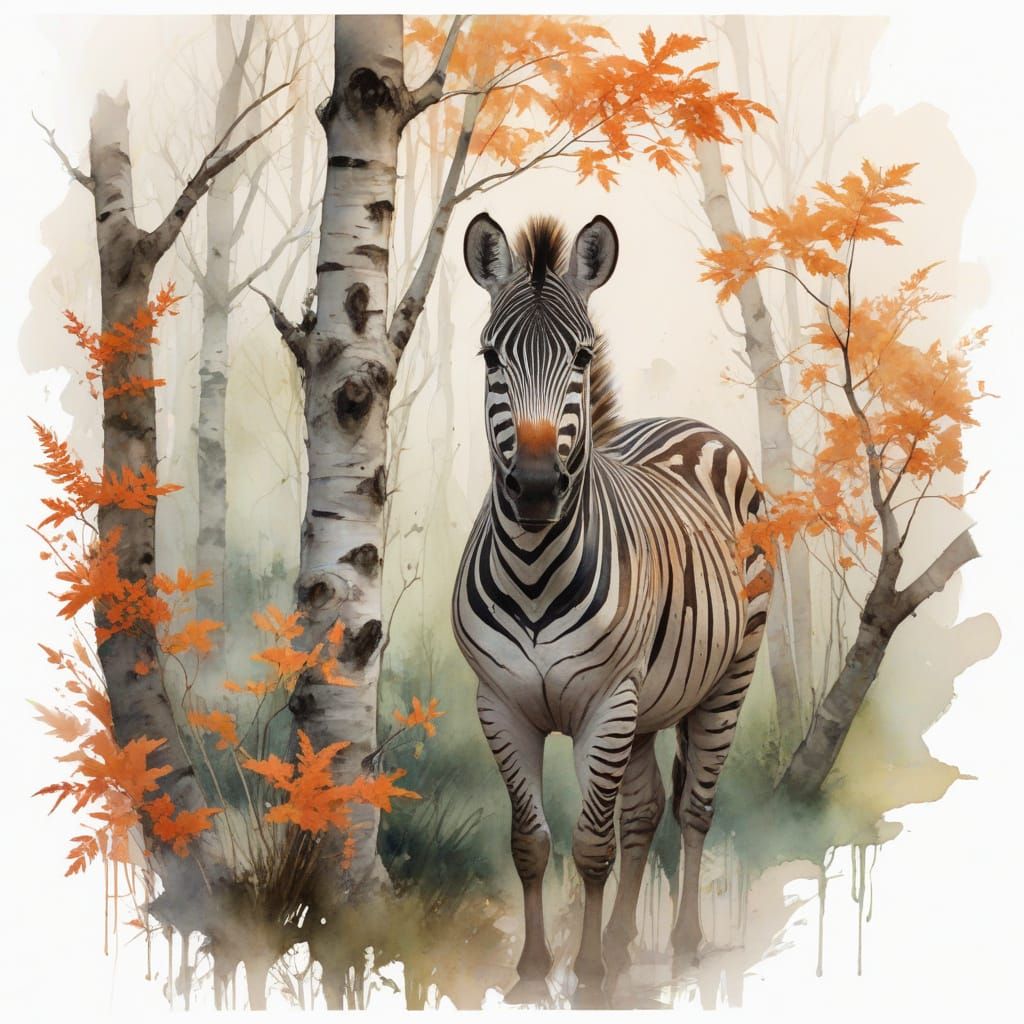 Zebra Camouflage in Birch Grove, Watercolor Style