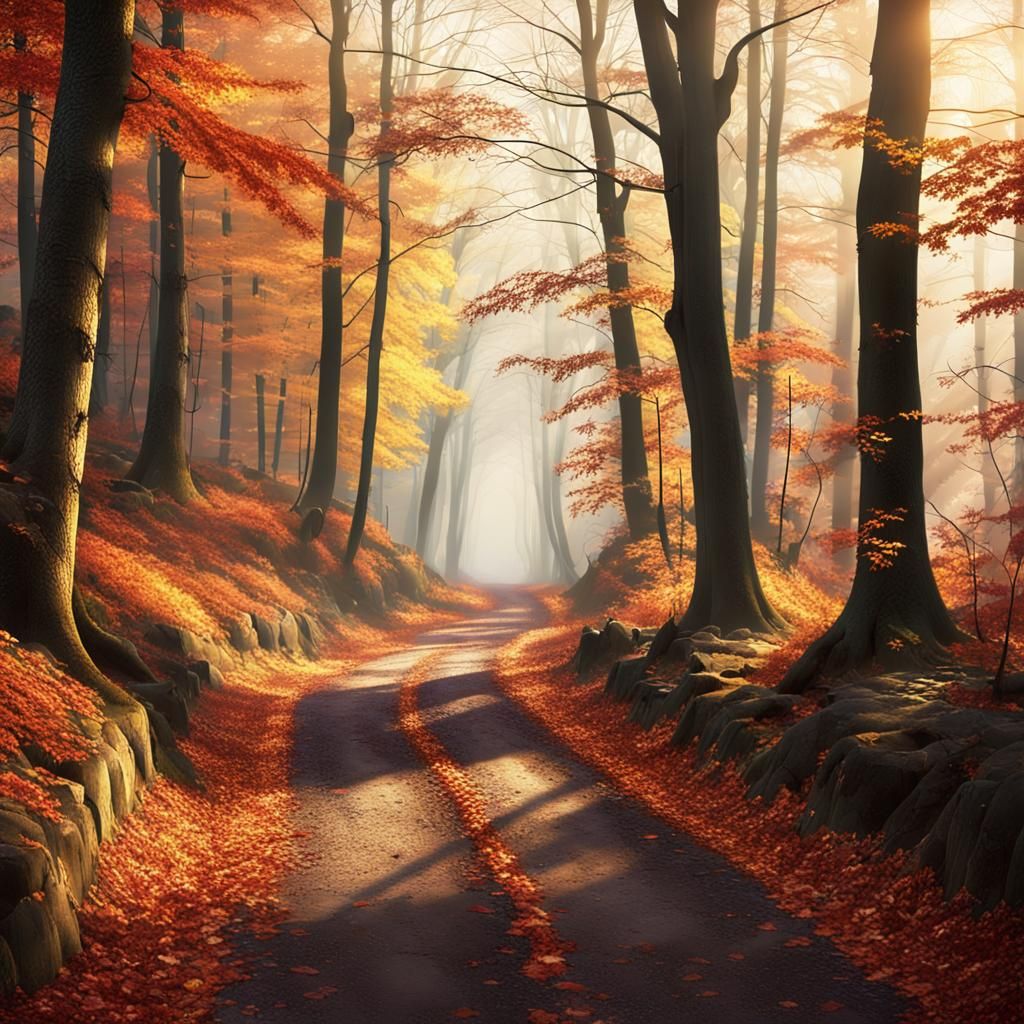 Autumn Forest Path in Prismacolor Style