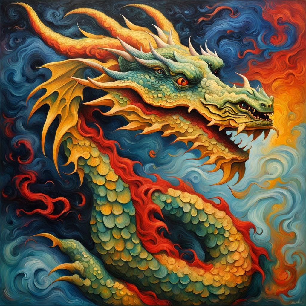 Dragon and Banshee Duel in Expressionist Oil Painting