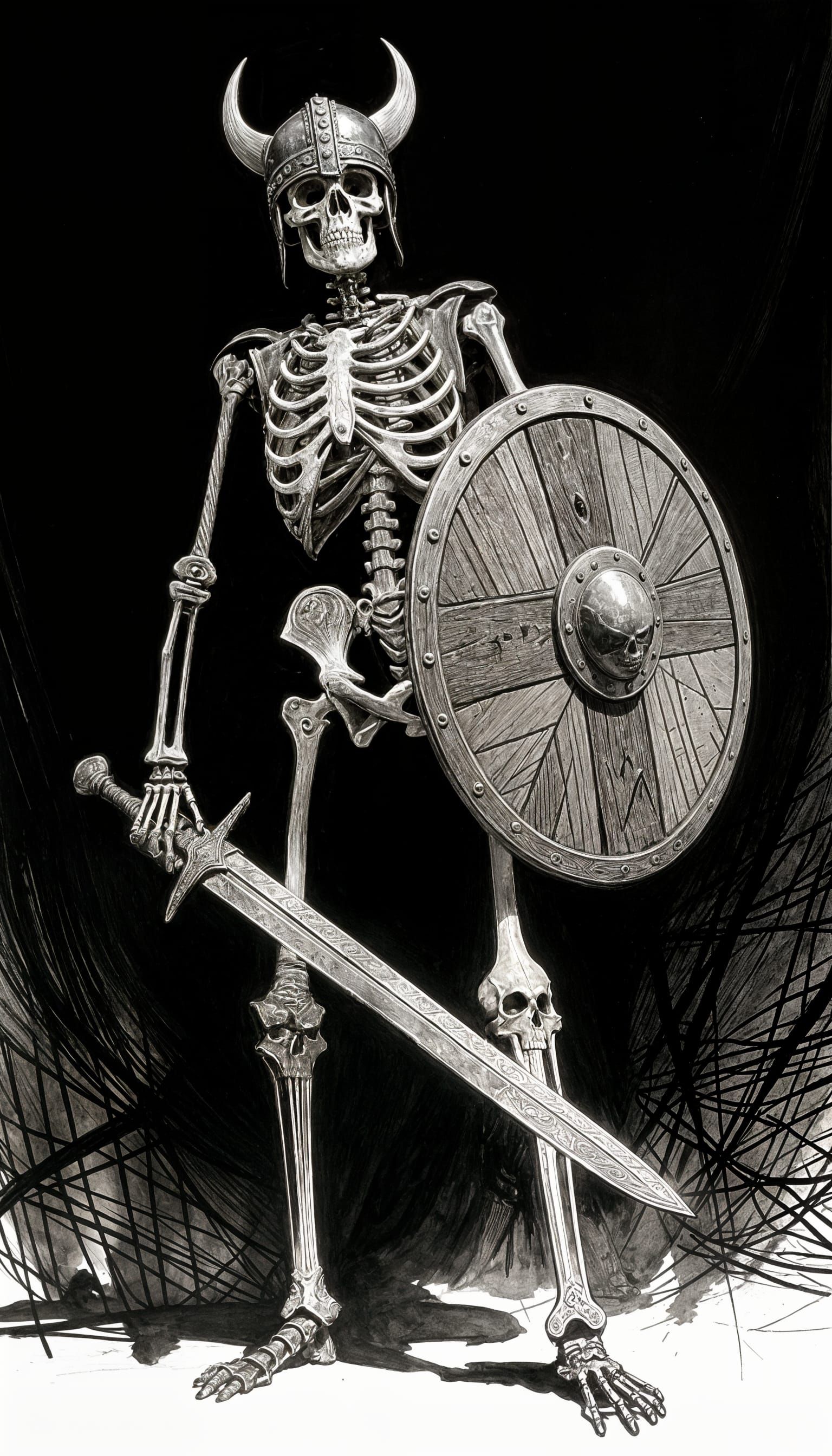 Skeleton Warrior in Dramatic Low-Angle Ink Illustration