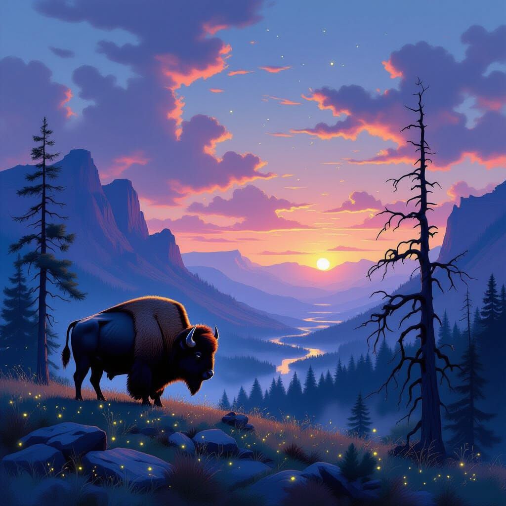 Bison Silhouetted Against Twilight Sky Over Gnarled Valley