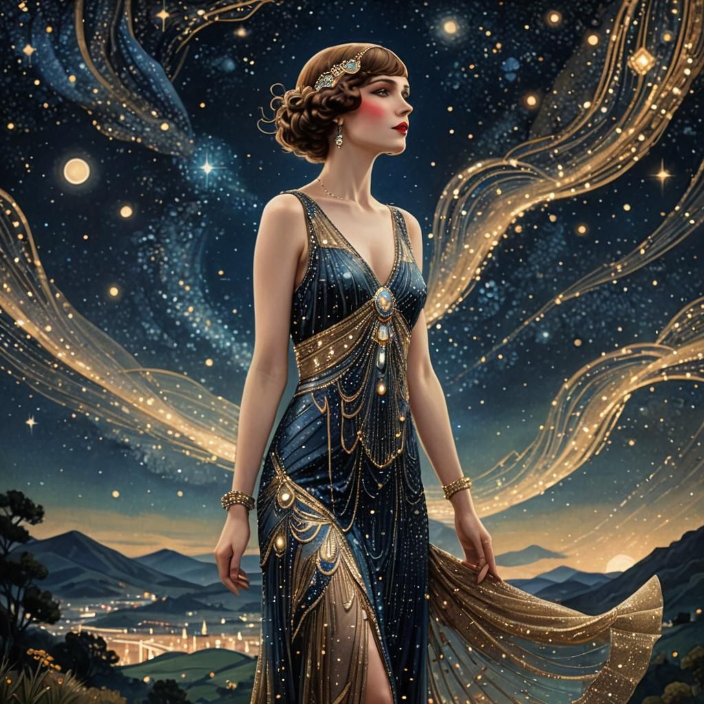Art Deco Woman Under Starry Night Sky