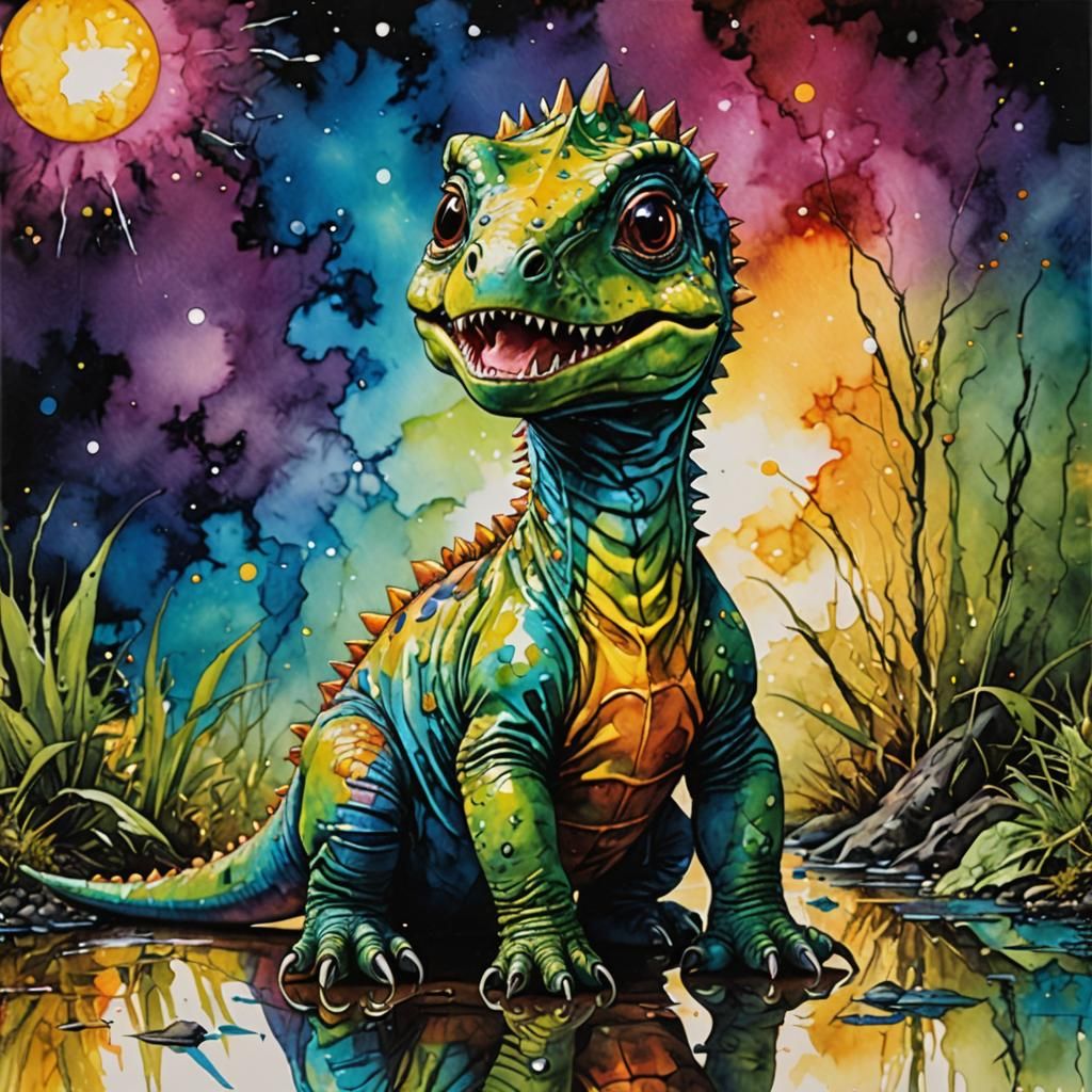 Dinosaur Baby in Alcohol Ink Style