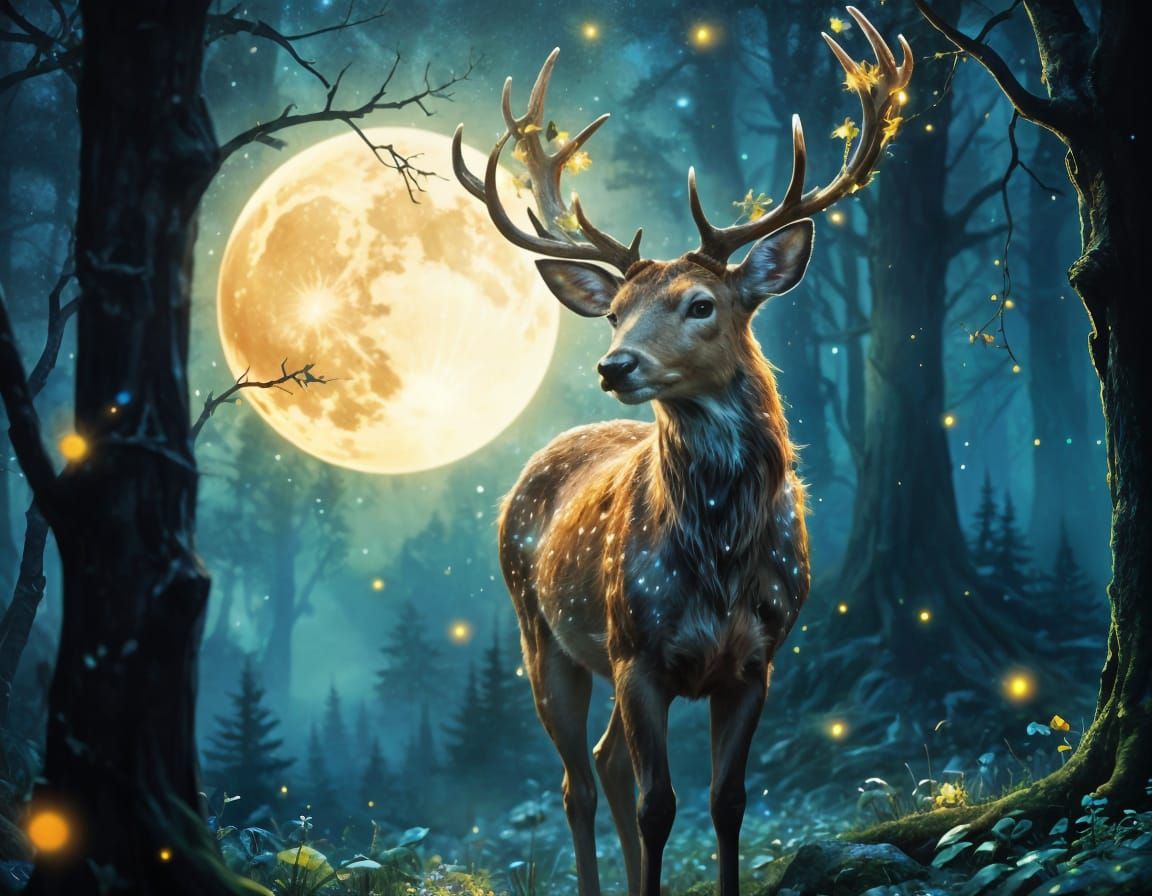 Mystical Deer in Enchanted Forest, Watercolor Style