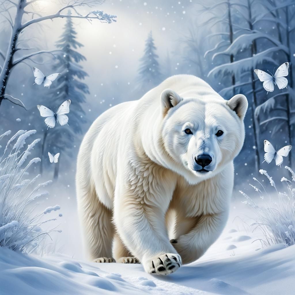 White Cat and Polar Bear Chase Butterflies