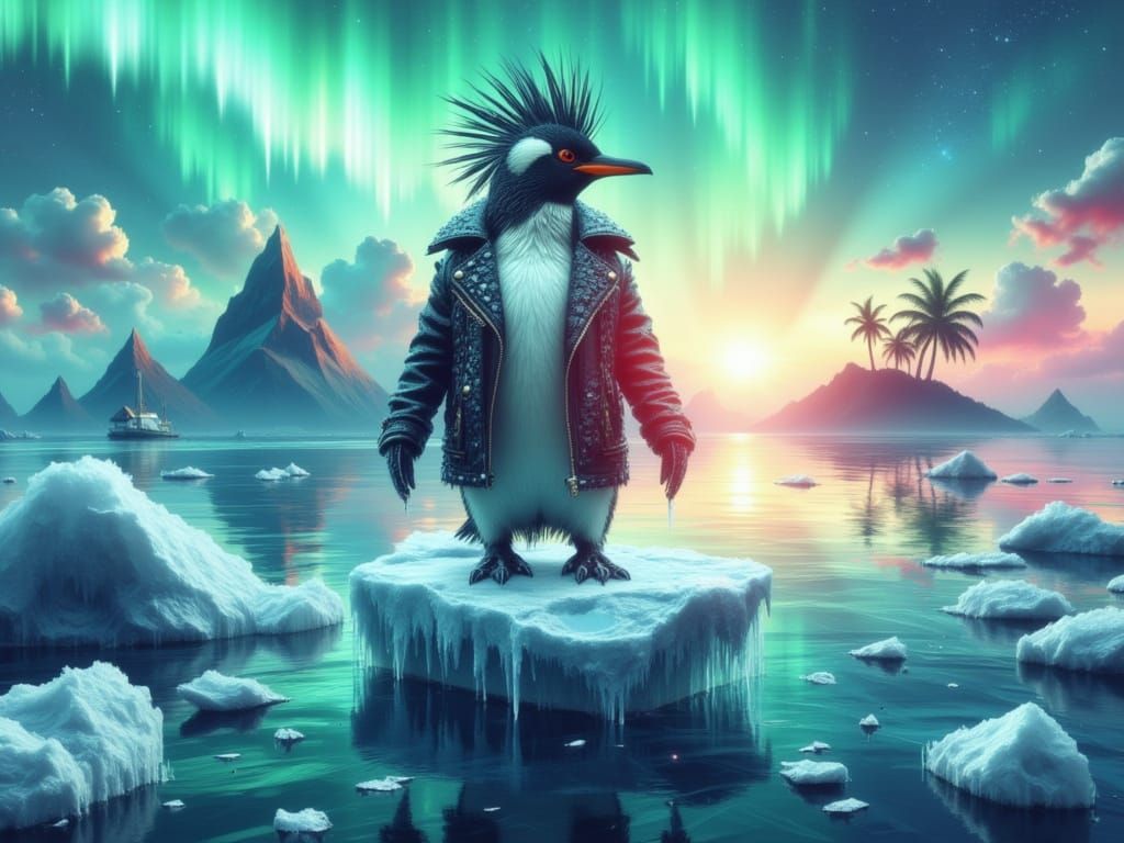 Punk Penguin Rockstar Defies the Melting Ice in a Vibrant Do...