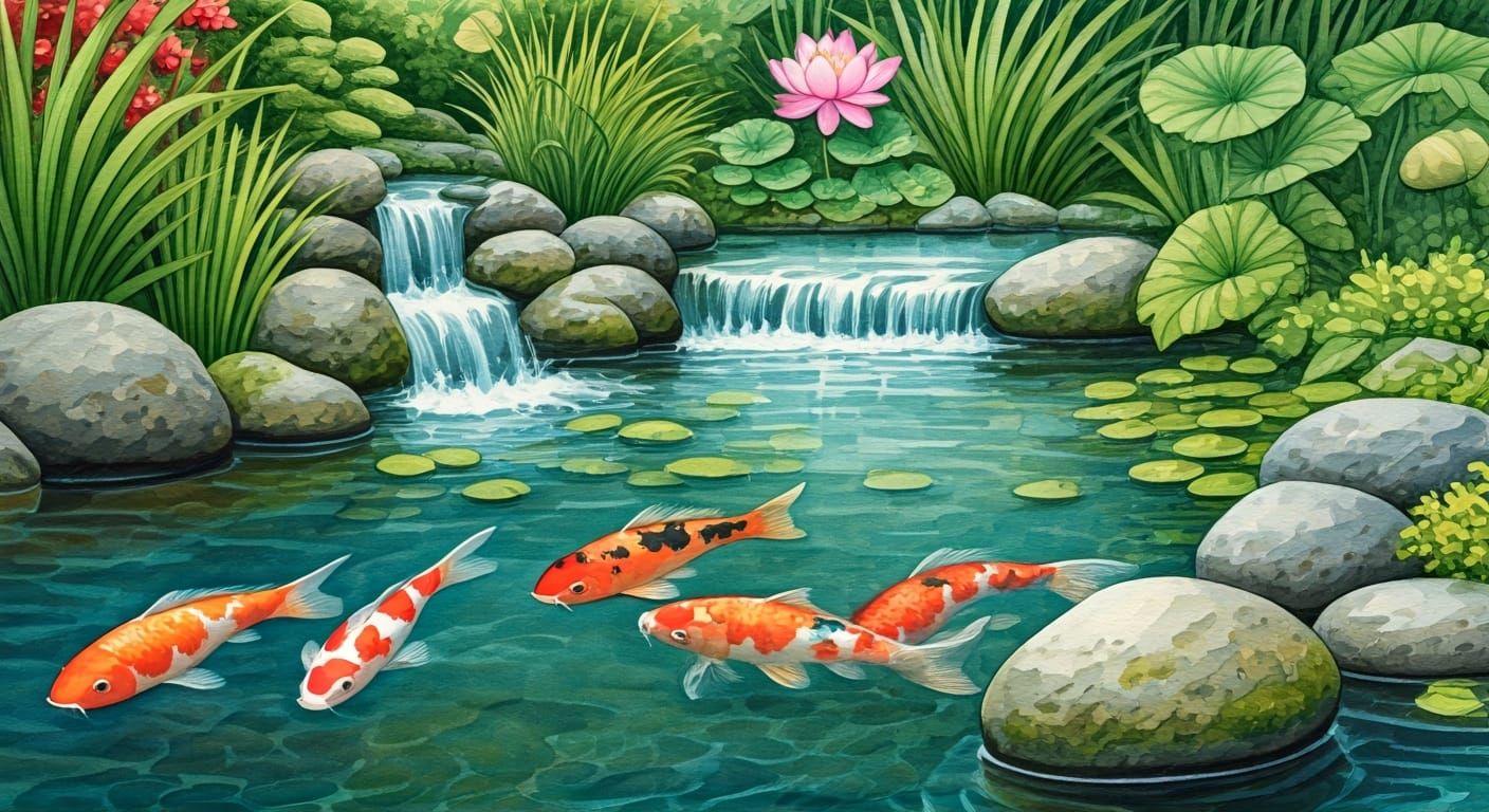 Whimsical oriental garden pond ornated with stones, foliage, lotus flower, a little waterfall; Koi Fishes swimming in th...