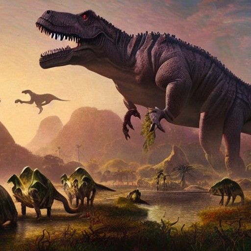 Lush Prehistoric Landscape with Roaming Dinosaurs