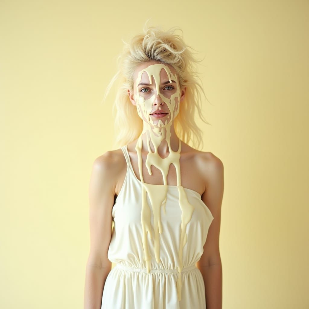Supermodel in White Dress with Dripping Cream Paint