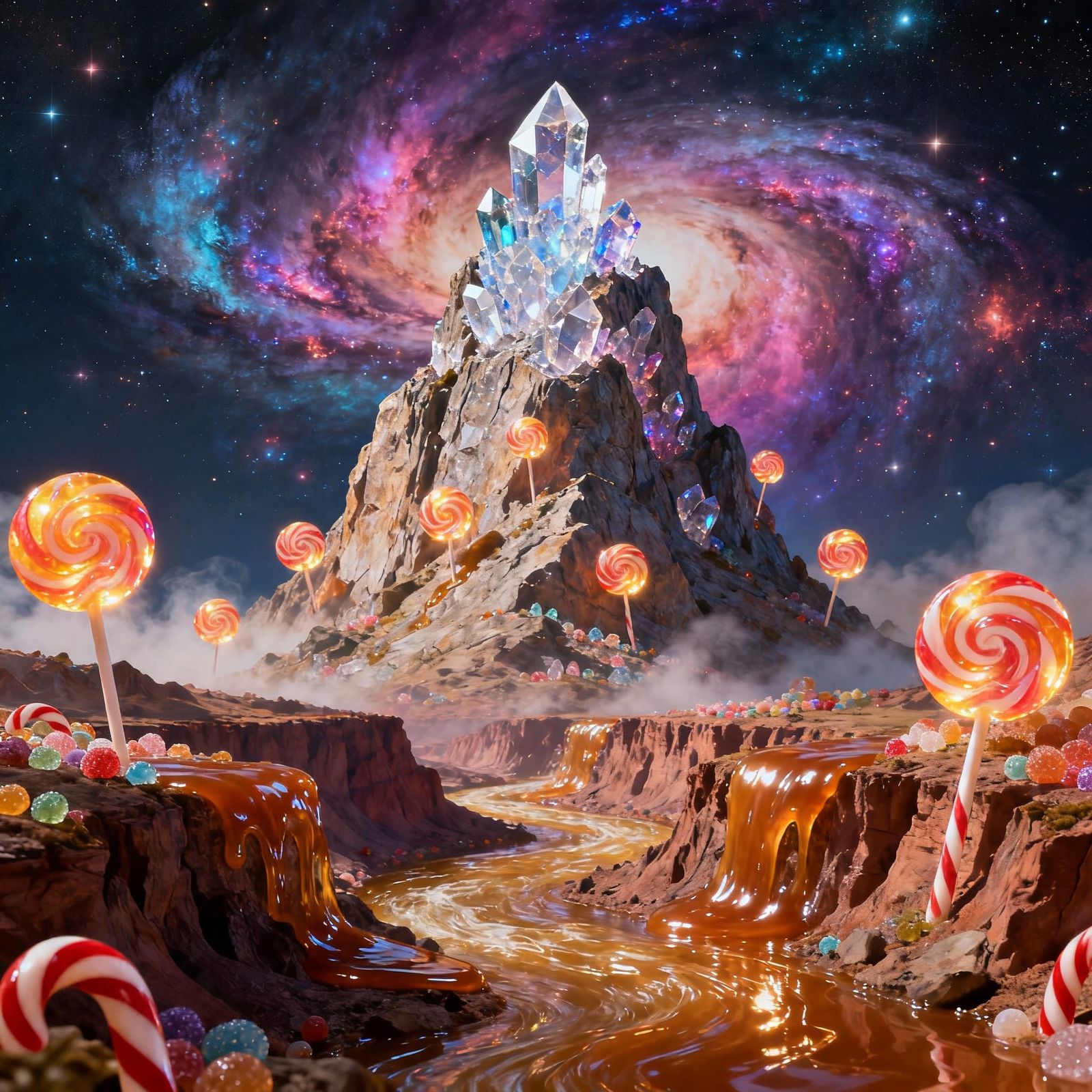 Rock Candy Mountain in Cosmic Nebula, Hyperrealistic Surreal...