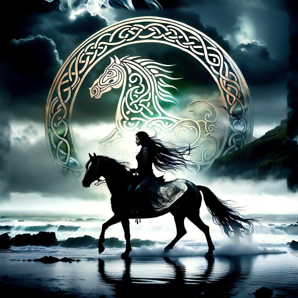 Morrigan Goddess Emerges Amidst Celtic Patterns and Stormy S...