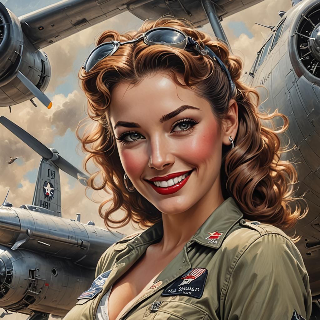 B-24 nose art depicting 1940 pinup girl hot flawless eyes, smile, by louis royo, artgerm, greg olsen, wlop hyperrealisti...