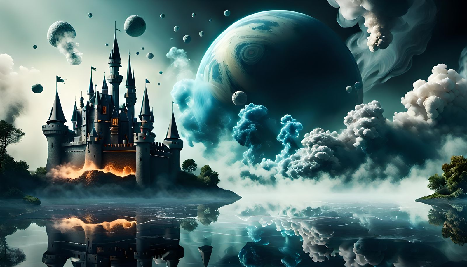 Smoked Castle Reflection in Smoky Waters