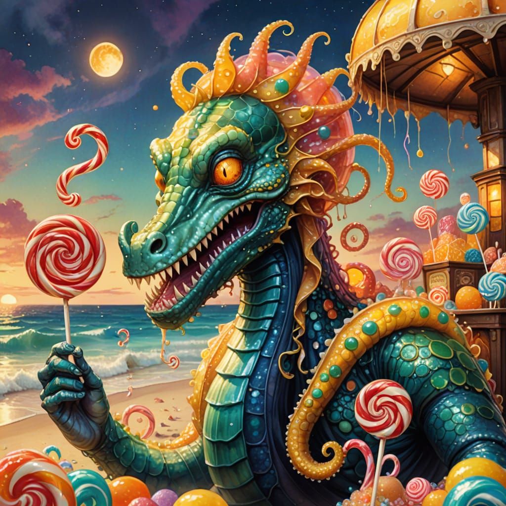 Leviathan Orders Lollipop: Whimsical Watercolor Fantasy Art