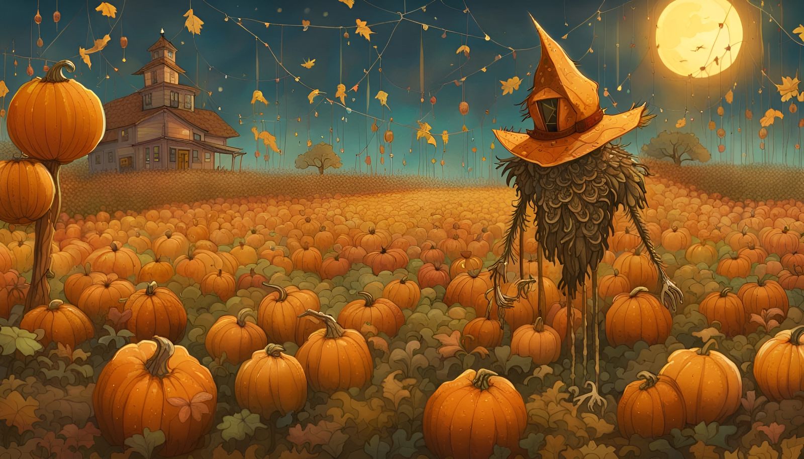Ornate Scarecrow in Pumpkin Patch, Watercolor Style