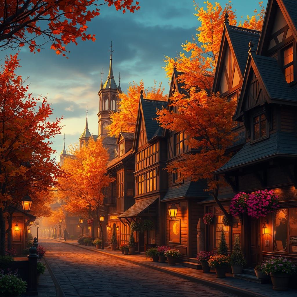 Enchanting Autumn Street Scene in Golden Light