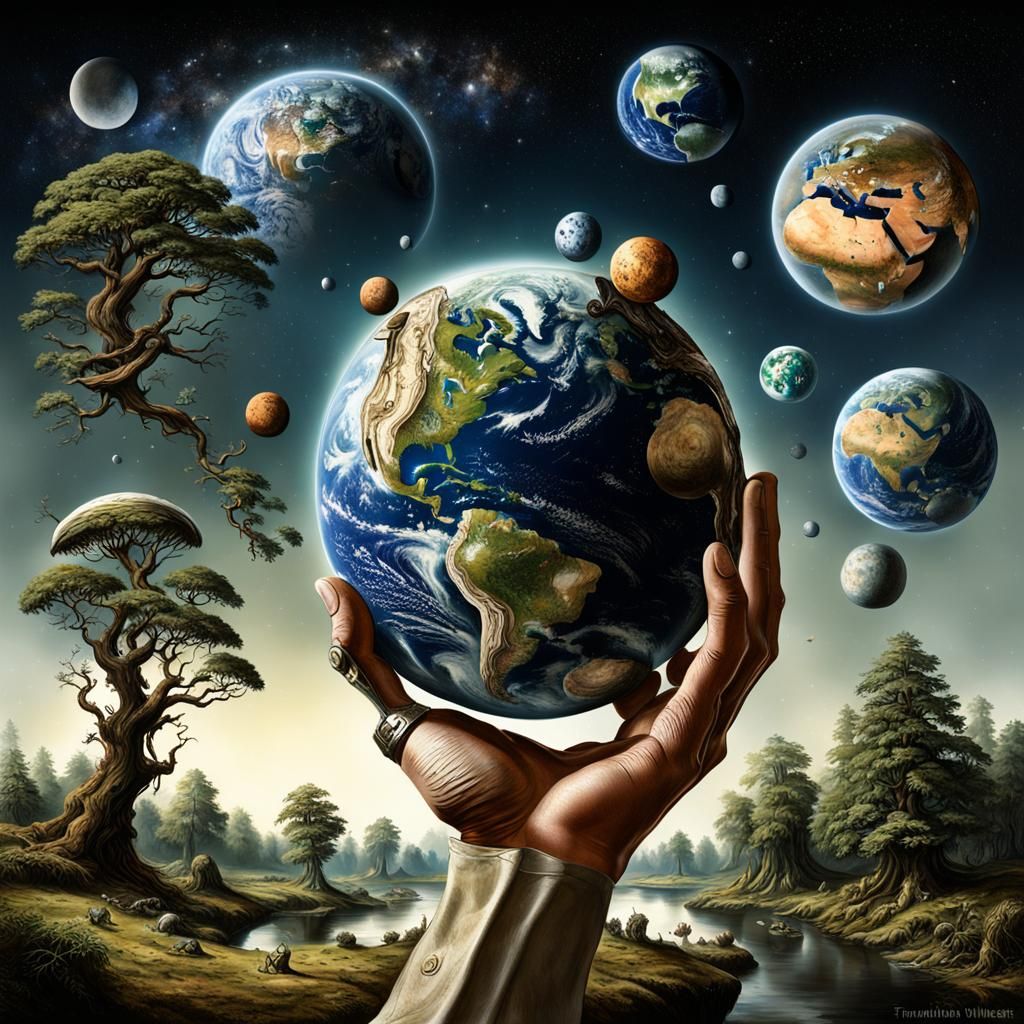 Giant Hand Juggling Planets in Animalistic Style