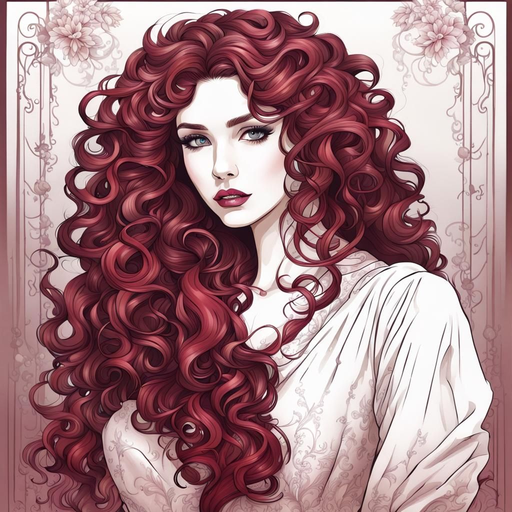 Burgundy Haired Lady in Scumbling Art Style