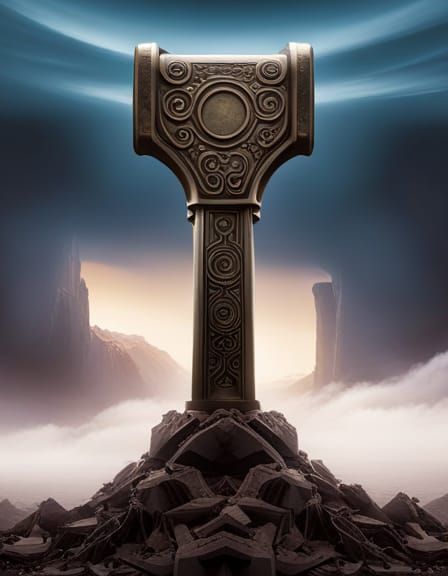 Mjolnir War Hammer Embedded in Muddy Hill