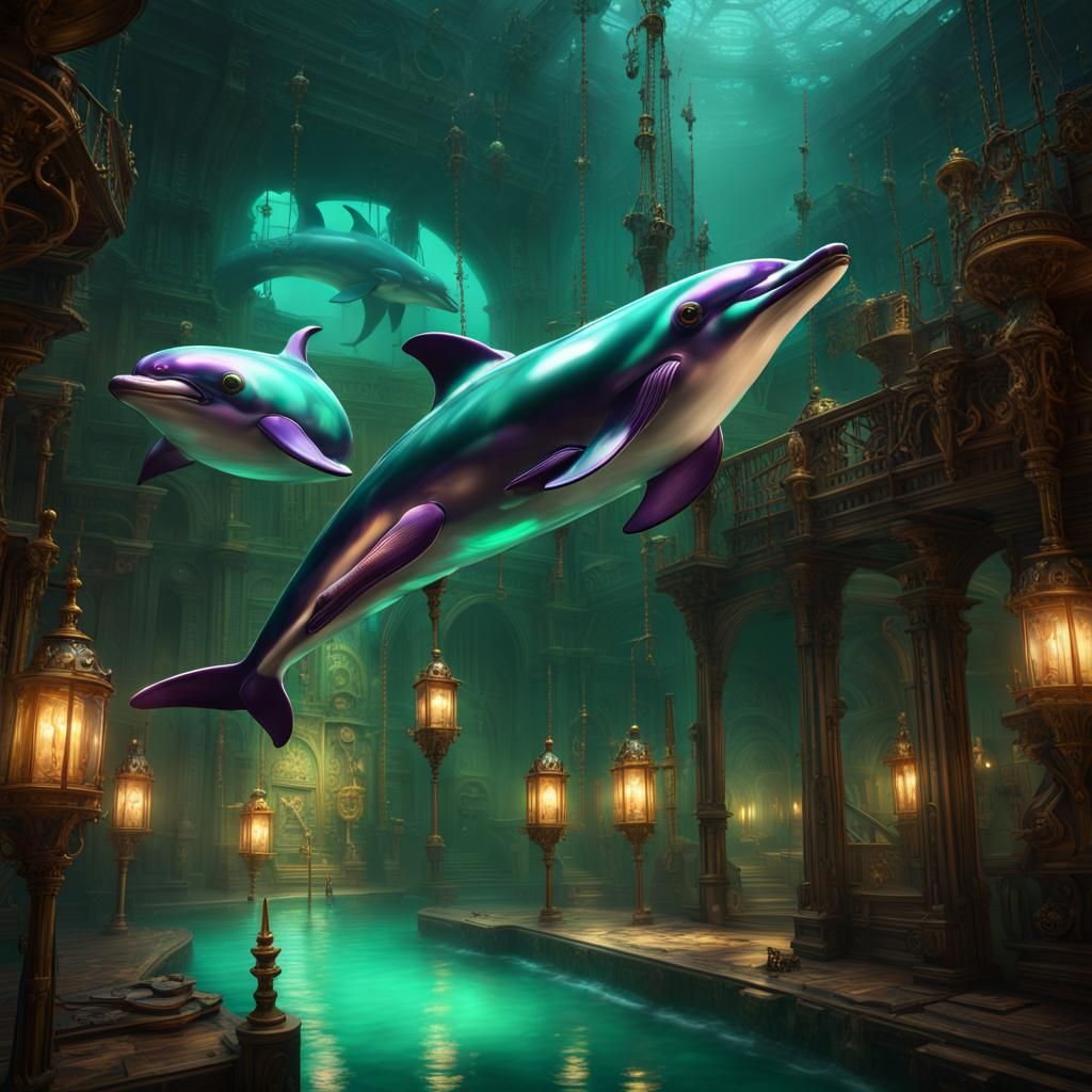 Emerald green Jewelled dark purple Dolphins, Jules Vern, dynamic lighting, black sea, steampunk, rich colors, deep color...