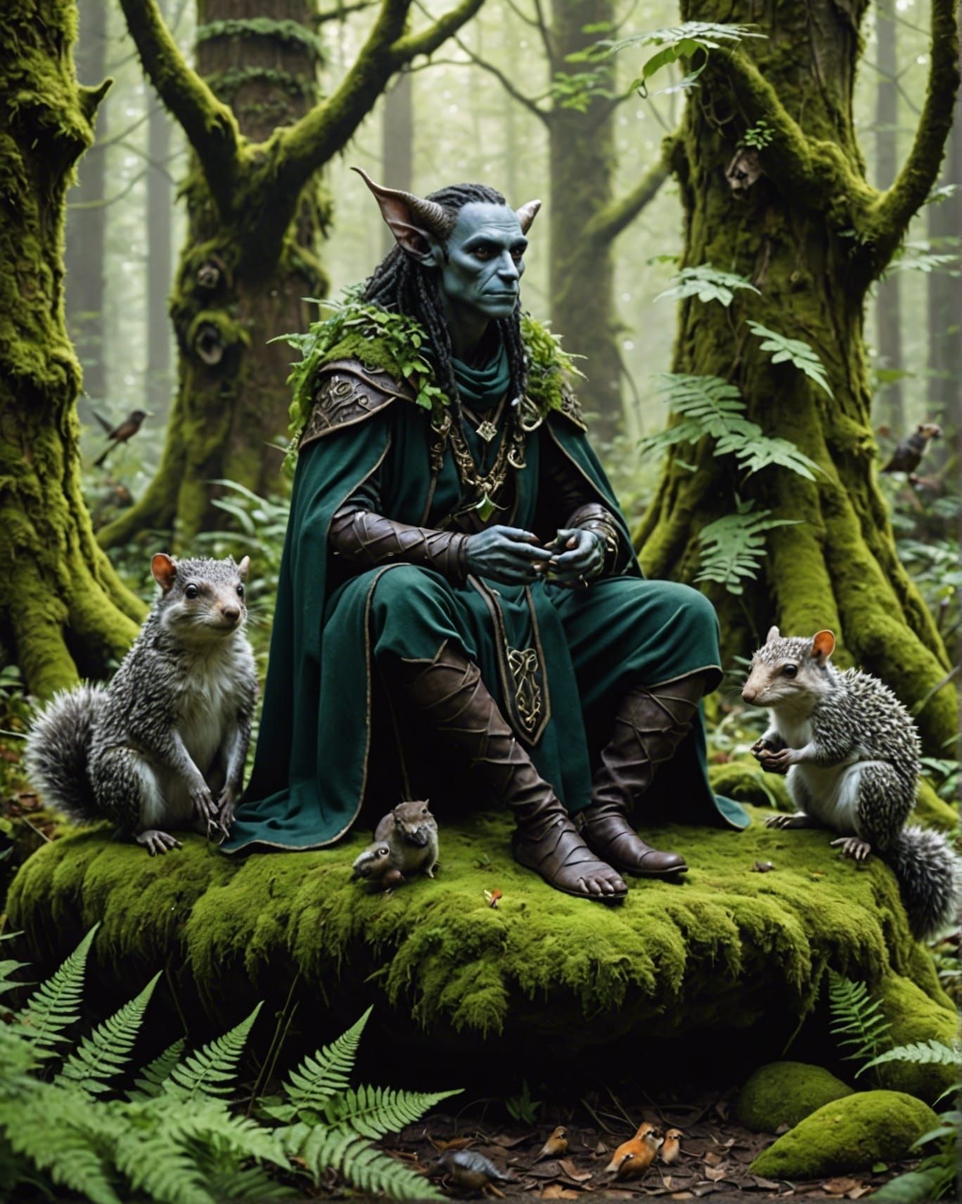 Dark Elf Druid Conversing With Forest Creatures