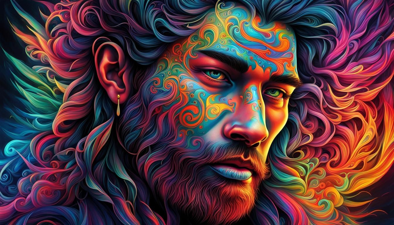 Iridescent Neon Tattooed Man: Digital Illustration