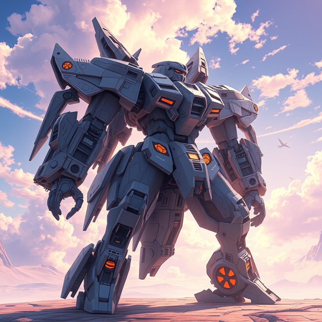 Cyberpunk Mecha in Vibrant, Fantastical Landscape