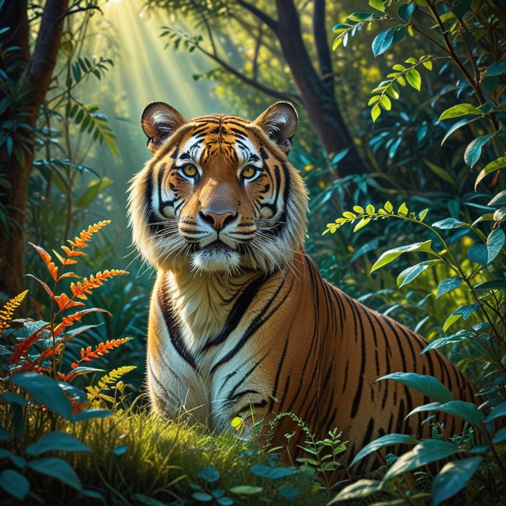 Vibrant Jungle Tiger Feast: Fauvist Style