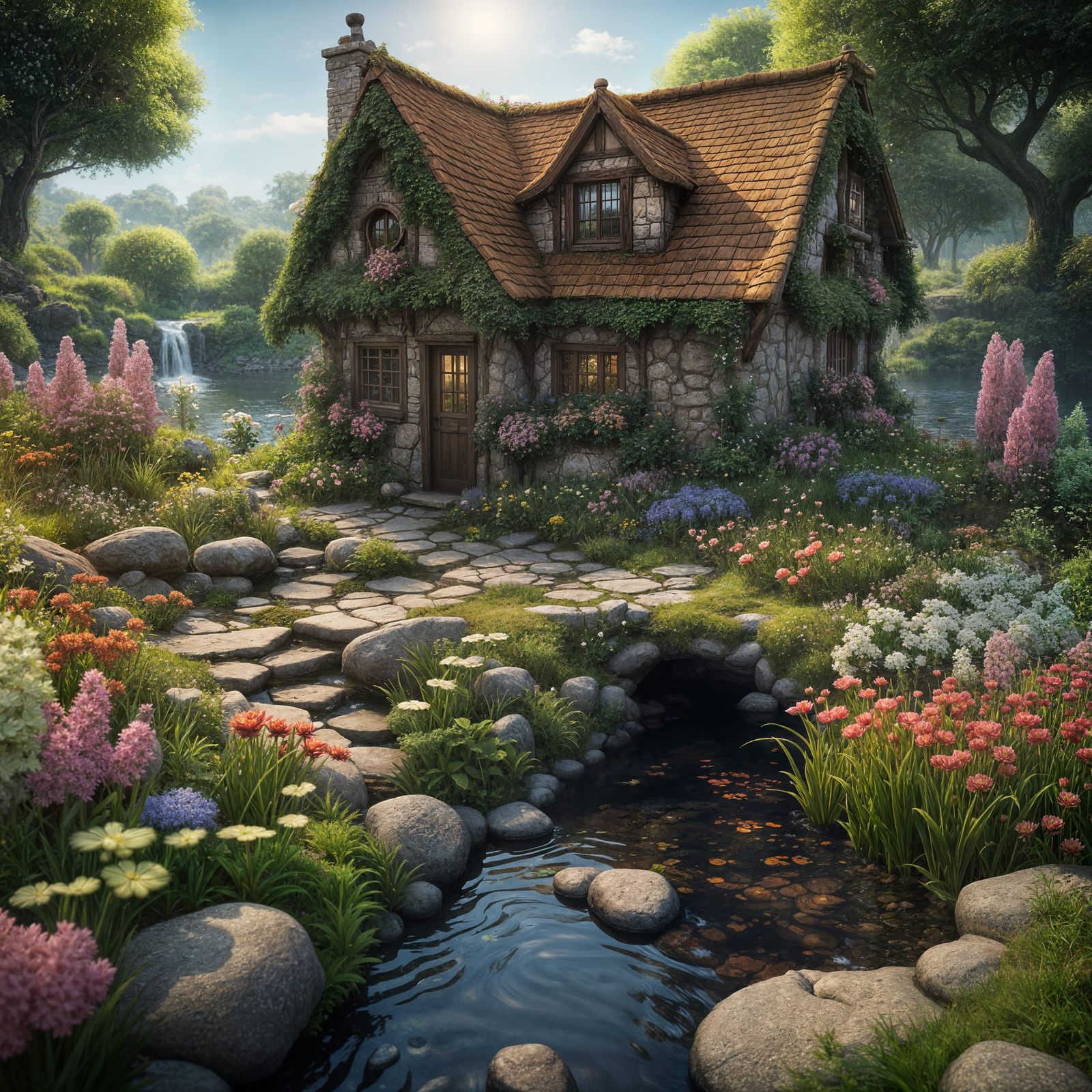 Cottage by Stream: Detailed Matte Painting