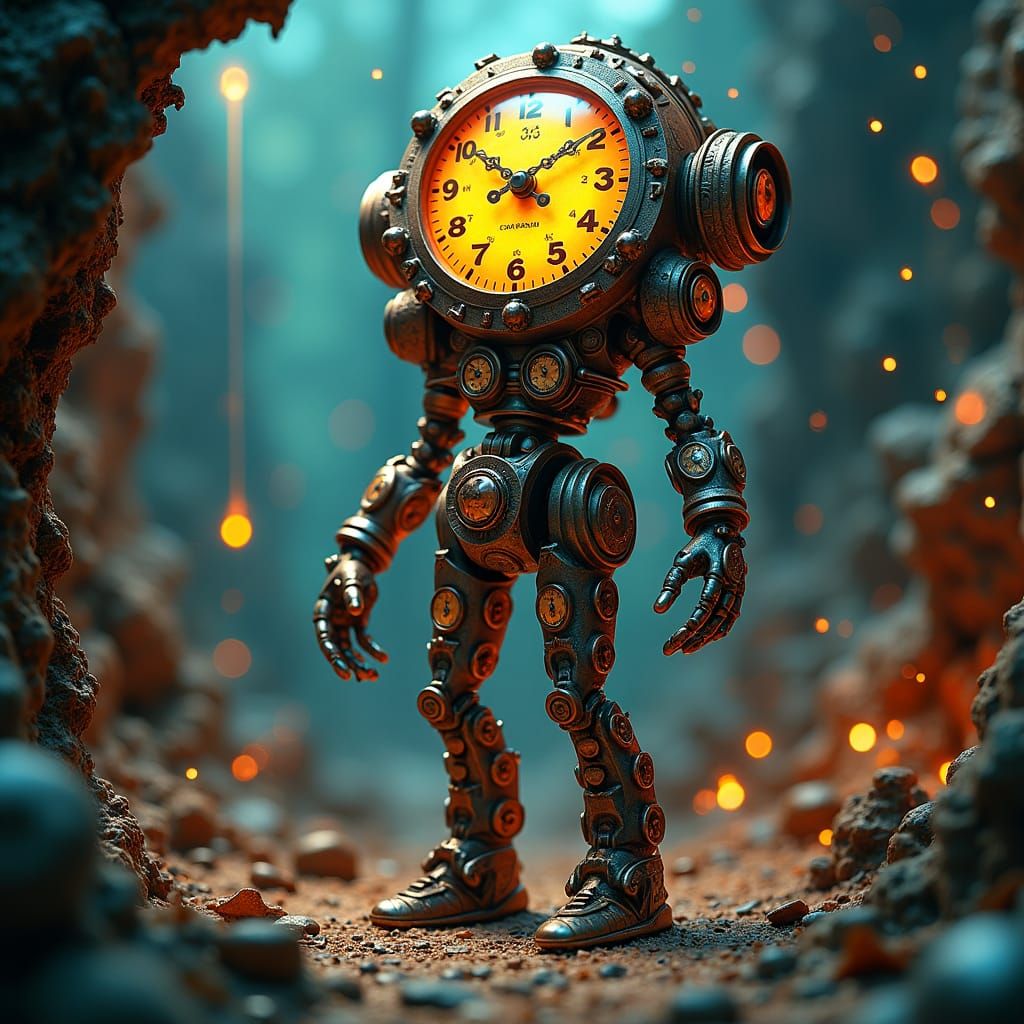 Clockwork Humanoid in Surreal Steampunk Landscape