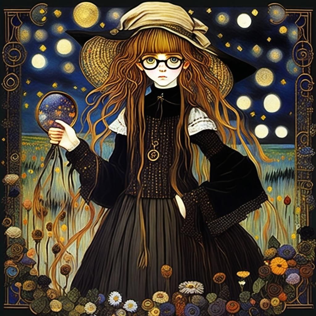 Anime Witch Portrait in Botticelli-Klee Style