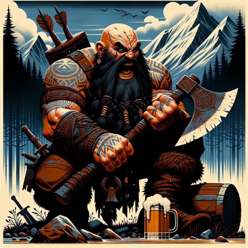 Furious Dwarf Barbarian with Axe in Acrylic Style