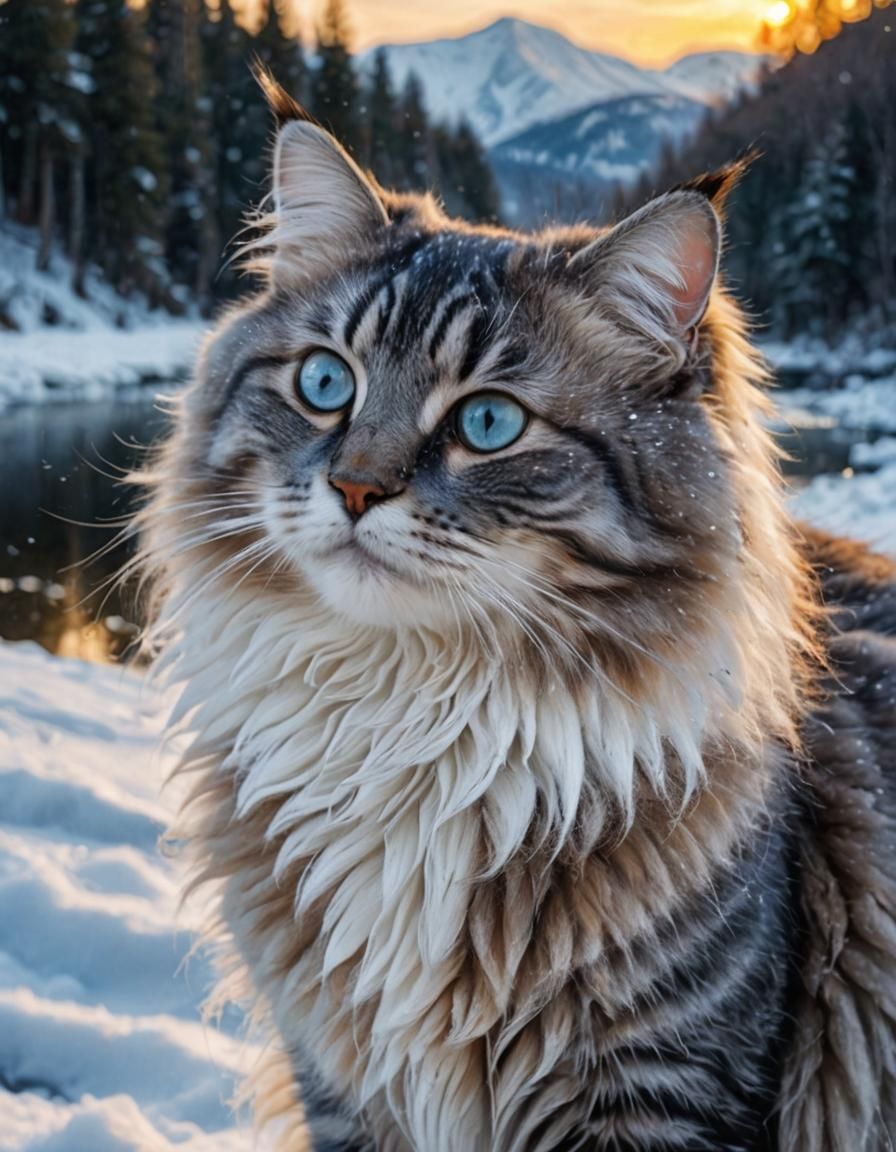 Blue Tabby Cat Portrait with Snowy River Background