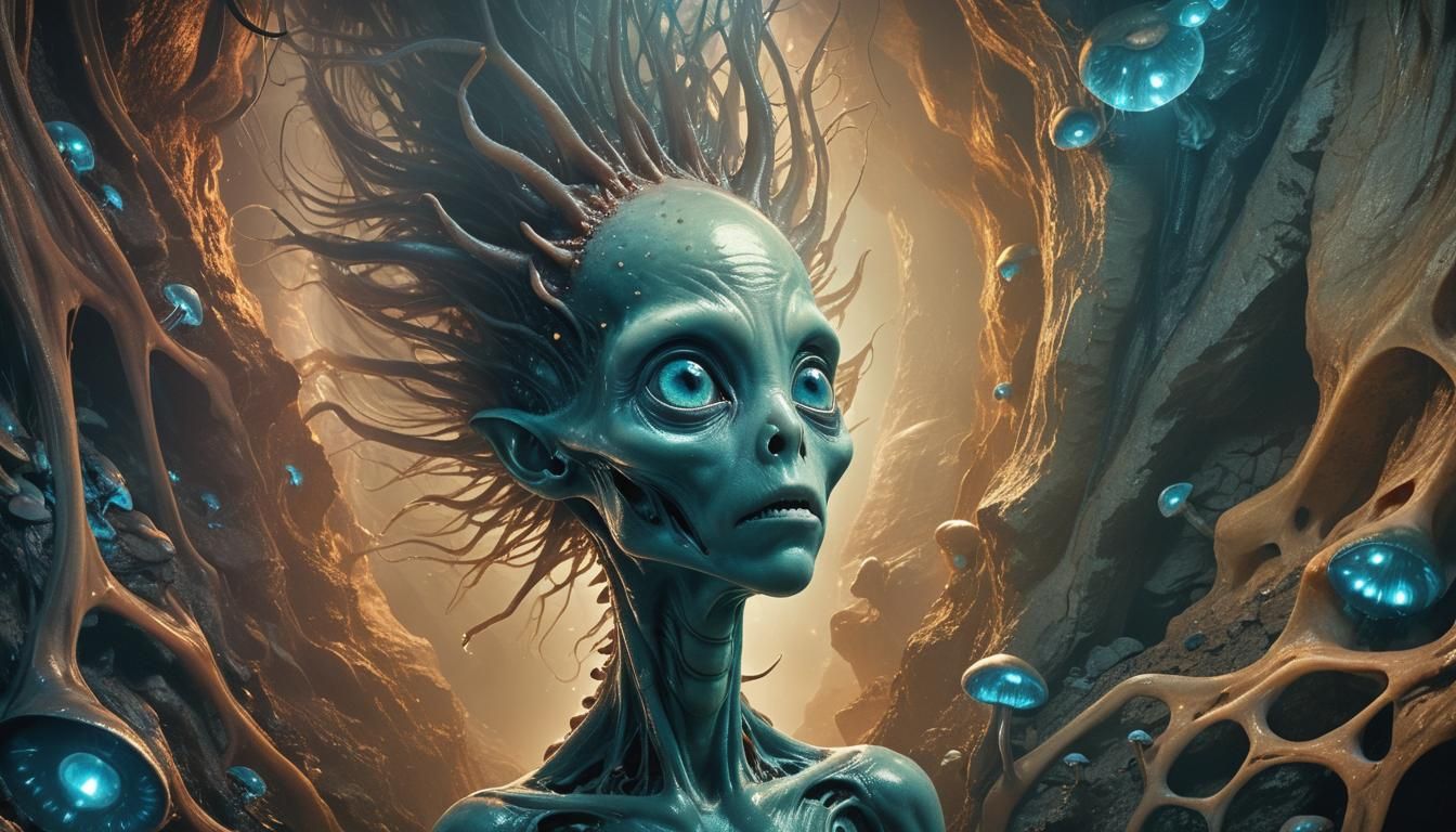 Eerie Alien Stare in Bioluminescent Cave, Digital Art