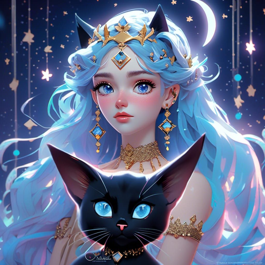 Selene, Moon Goddess, with Black Cat in 3D Style
