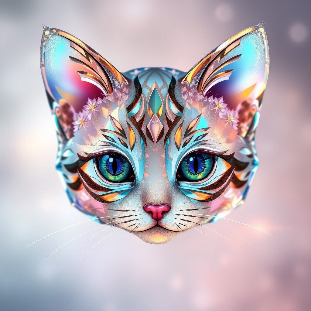 Radiant Holographic Glass Kitten in Mixed Media Style
