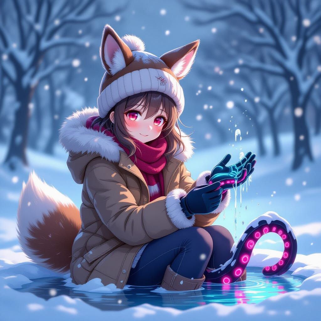 Anime Girl Washing Tentacle Arm in Snowy Desert
