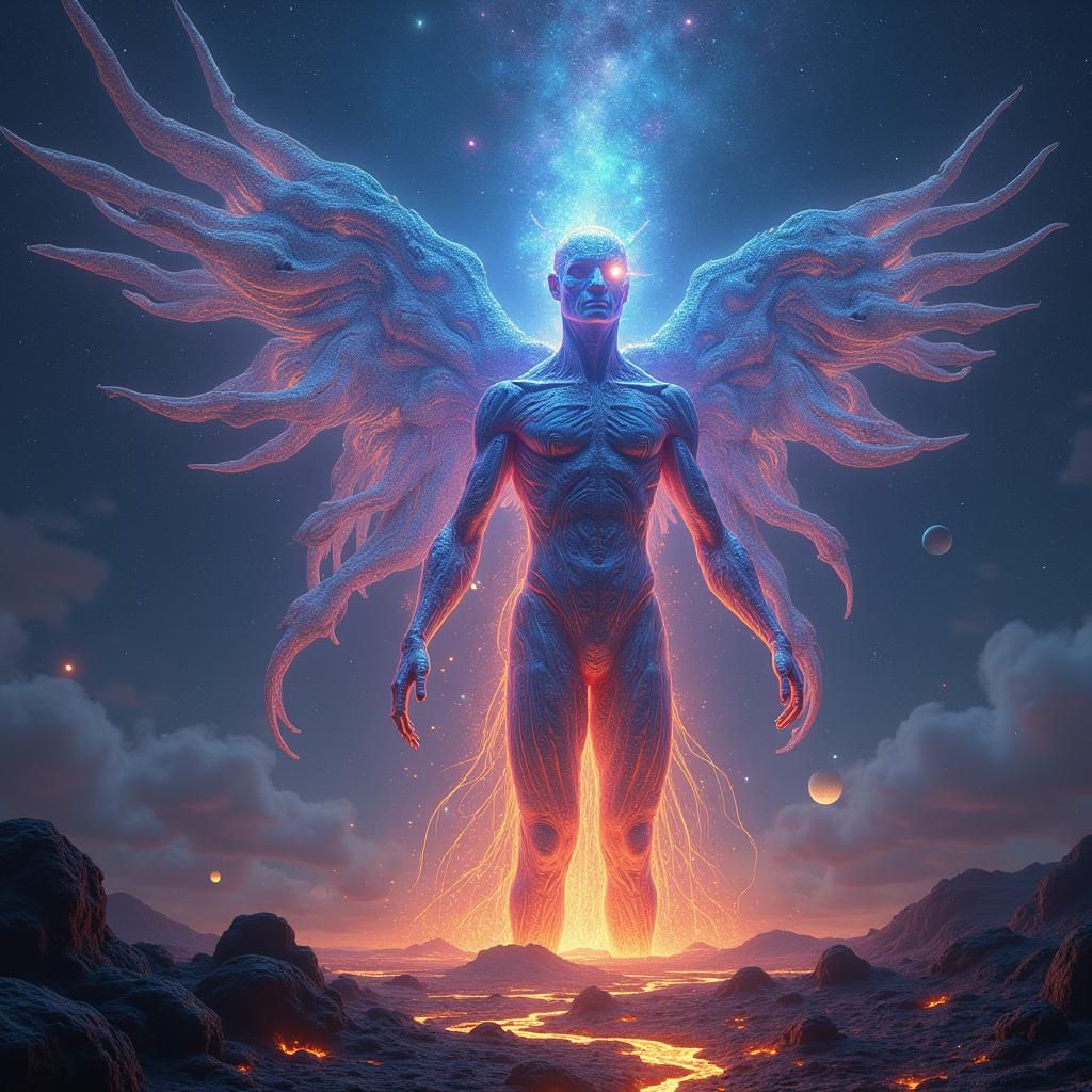 Colossal Iridescent Being in Cosmic Landscape