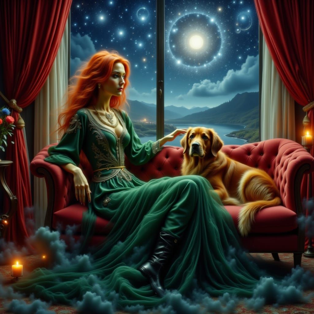 Elegant Woman and Dog in Moonlit Room