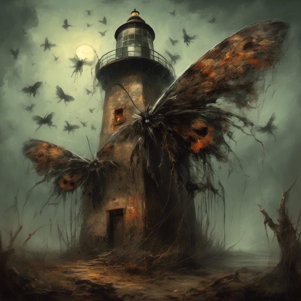 Furry Moth Creatures Fly Around Lighthouse