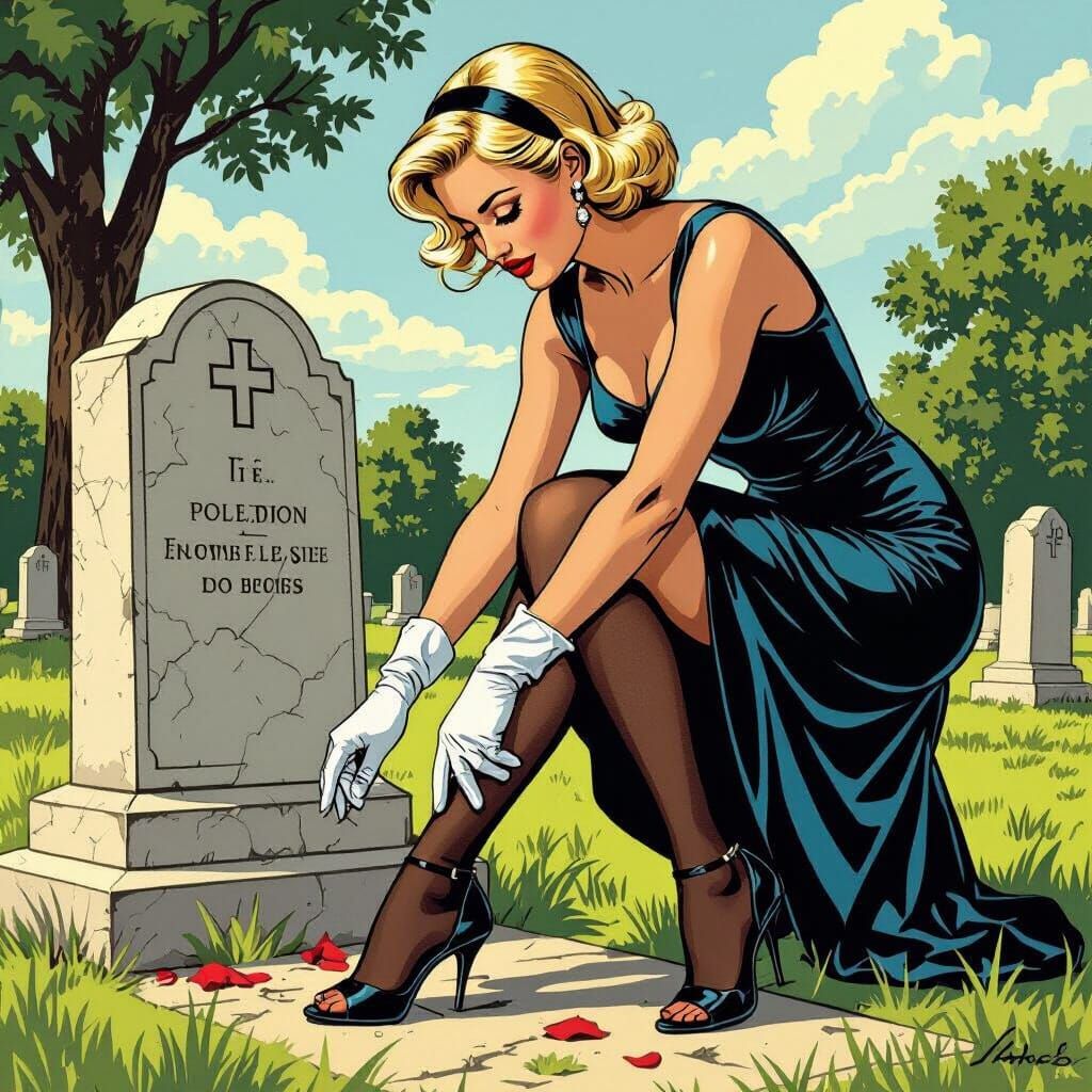Vintage Comic Book Scene of Woman at Cemetery