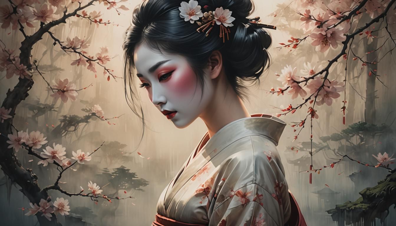 Geisha in Sfumato Style with Double Exposure