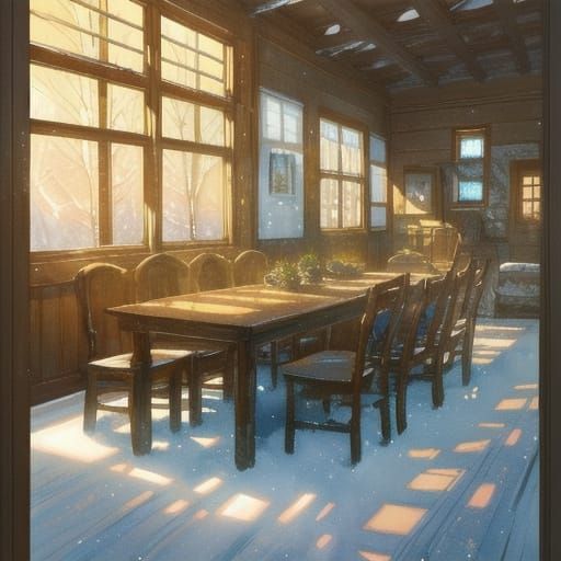 Cozy Cabin Interior with Whimsical Watercolor Details