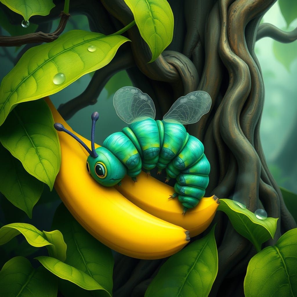 Surreal Caterpillar Munches on Banana in Whimsical Landscape