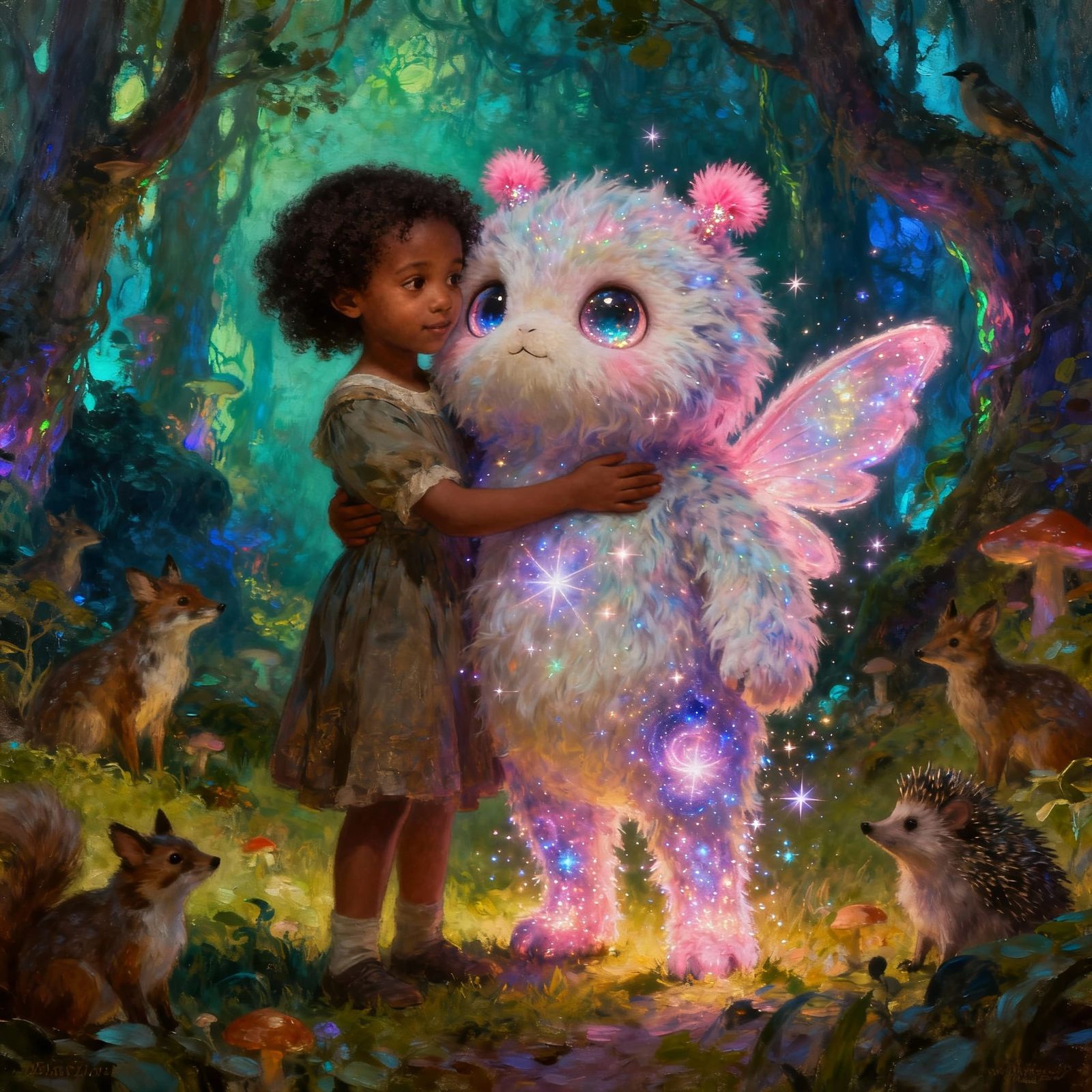 African American Child Hugs Magical Creature in Enchanted Fo...