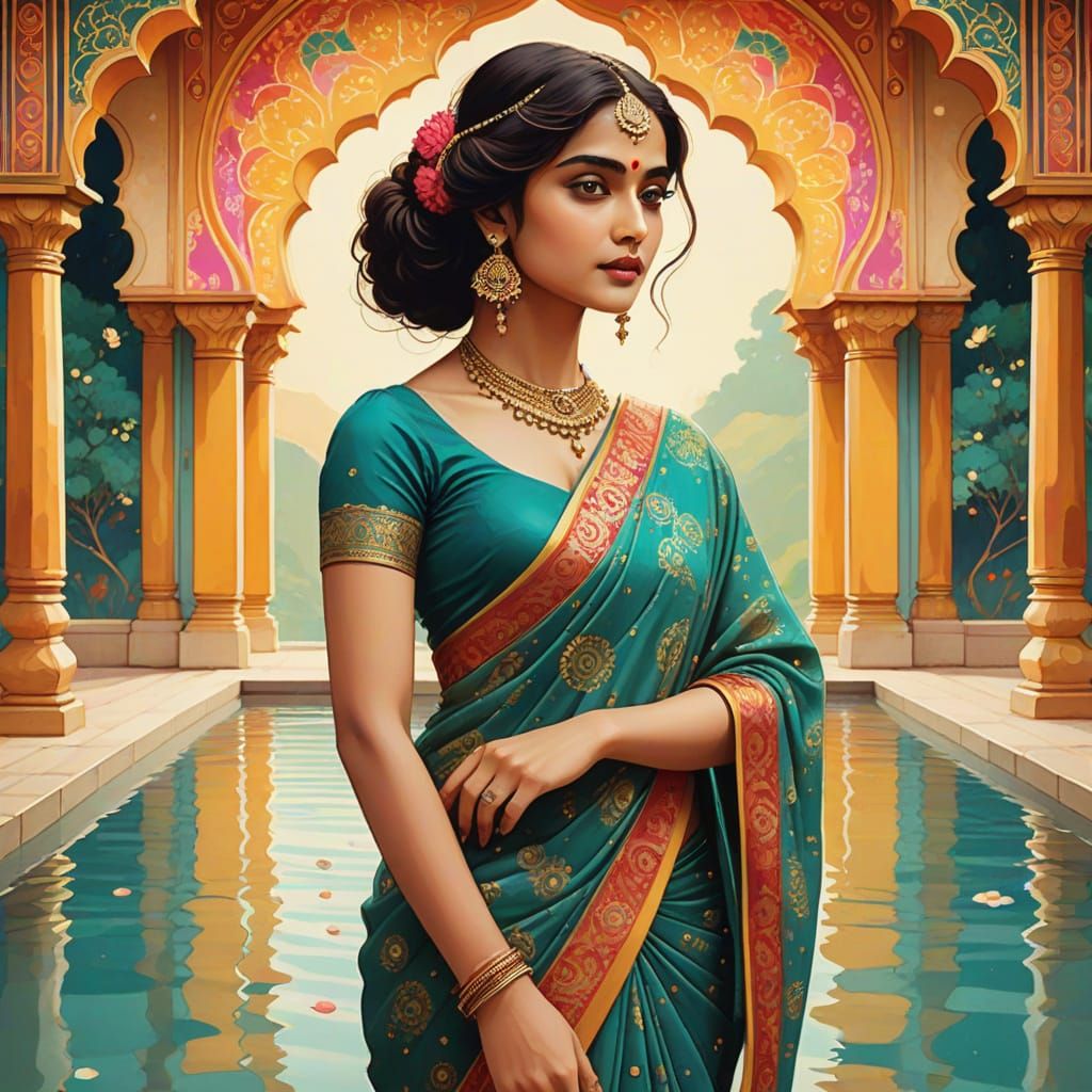 Elegant Indian Woman in Saree Standing in Swimming Pool